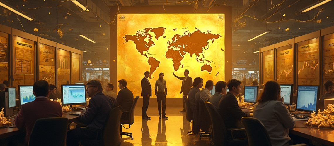 People in a bustling control room analyze data with a large illuminated world map on the wall.