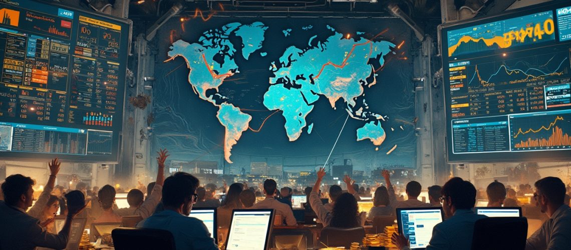 People working in a control room with large screens and a digital world map.