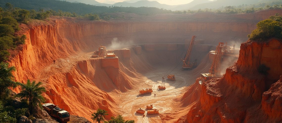 Excavators at work in a deep, expansive red clay quarry surrounded by lush mountains and trees.