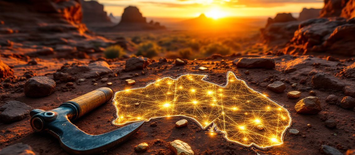 Dreadnought Resources Ltd-DRE-Glowing map of Australia with network lines on a rocky desert at sunset, next to a pickaxe.