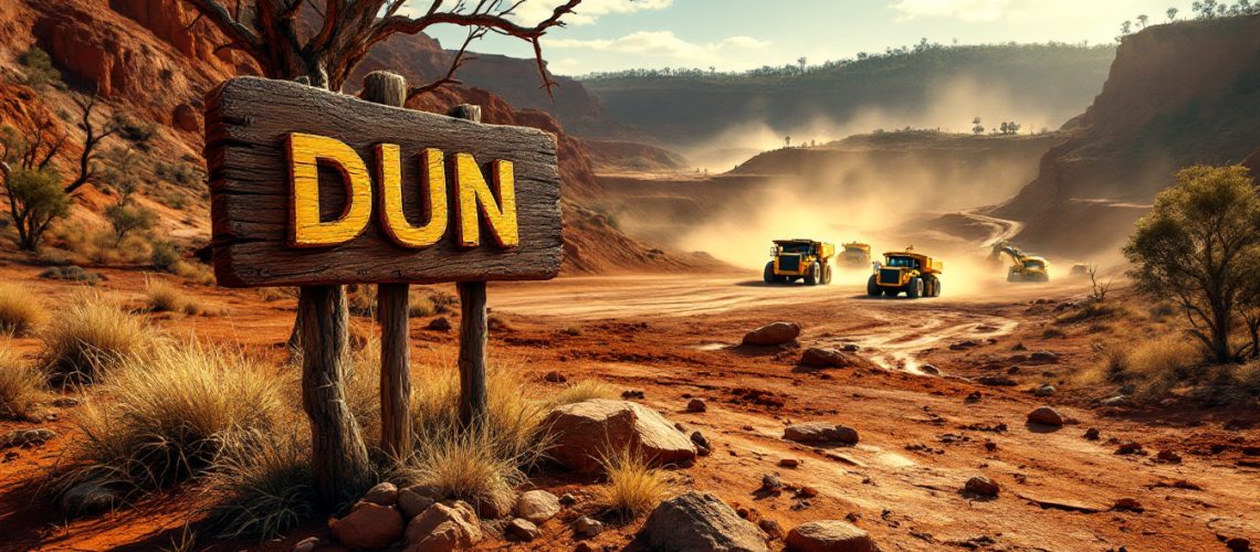 Dundas Minerals Ltd-DUN-Wooden "DUN" sign with dirt road and trucks in a dusty desert landscape.