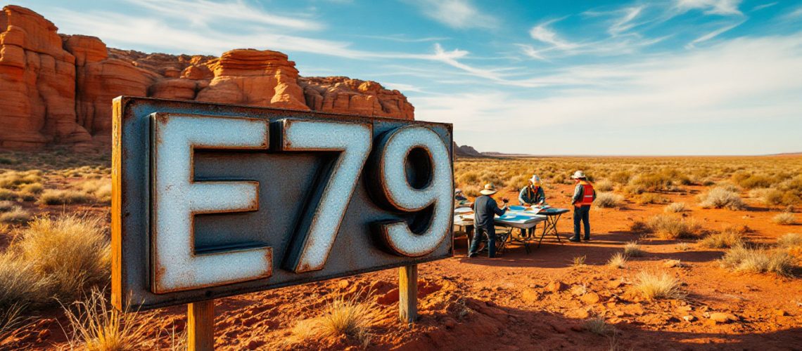 E79 Gold Mines Ltd-E79-Rusty E79 sign in desert landscape; people study a map on a table nearby.