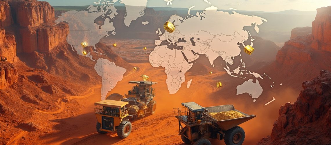 Mining trucks in a red desert with a world map overlay and scattered gold nuggets.