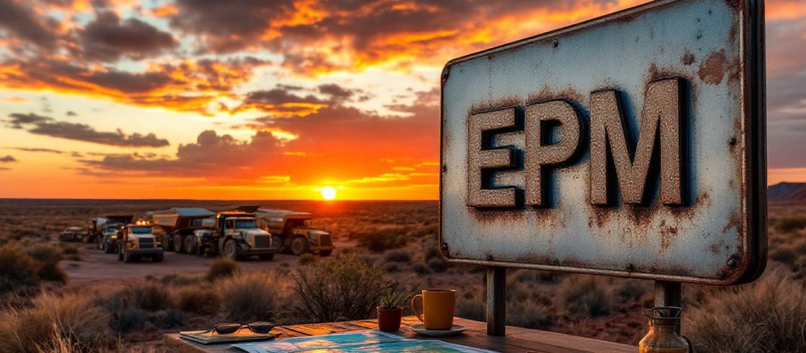 Eclipse Metals Ltd-EPM-Rusted sign with "EPM" against a vibrant sunset, trucks in the distance, map and mug on table.