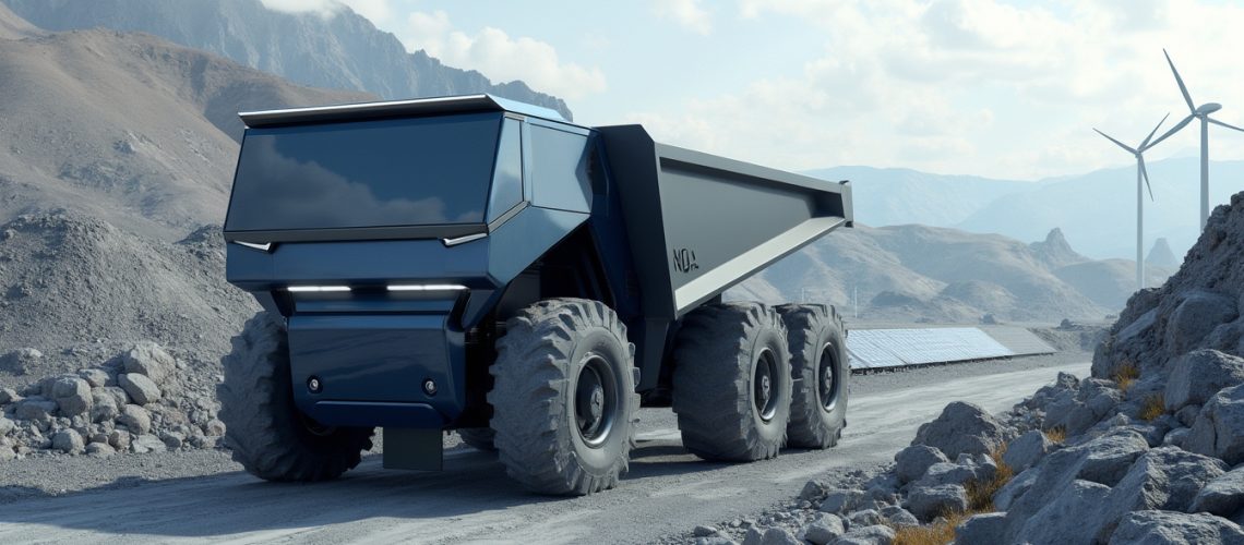 Futuristic vehicle on a rocky path with wind turbines and solar panels in a mountainous landscape.