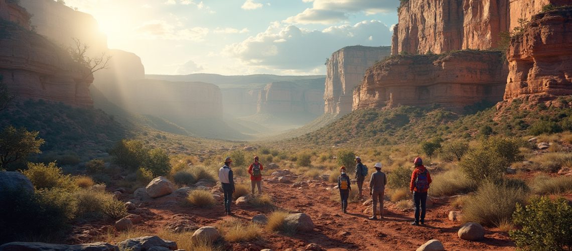 Hikers walking on a sunny trail through a scenic canyon with tall cliffs and scattered vegetation.