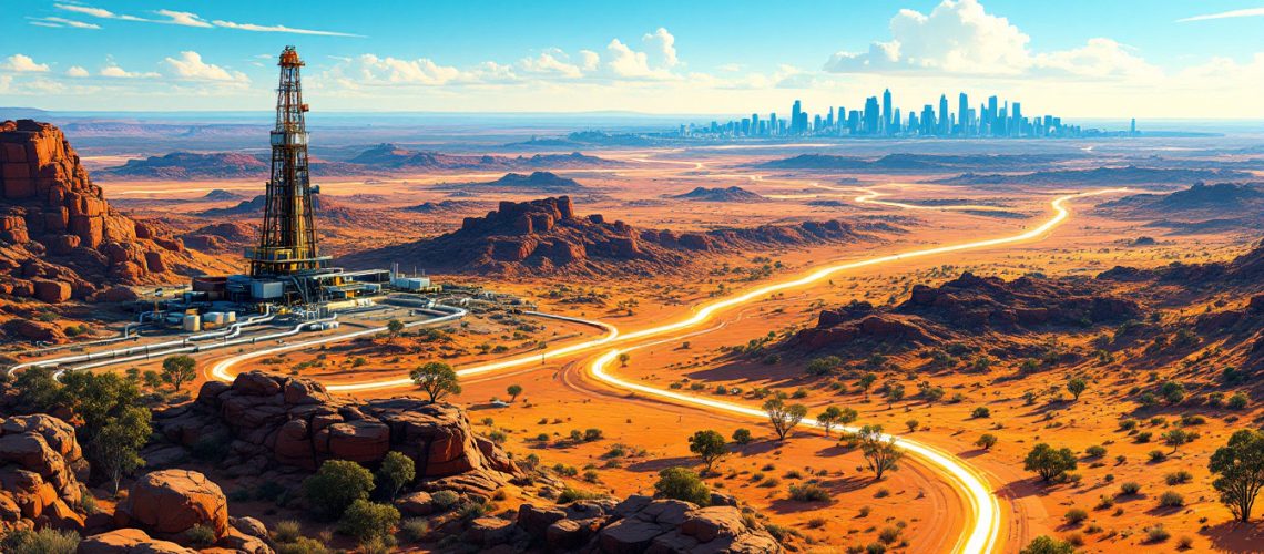 John's Group Limited-JHN-Desert landscape with oil rig in foreground and distant futuristic city skyline under a clear blue sky.