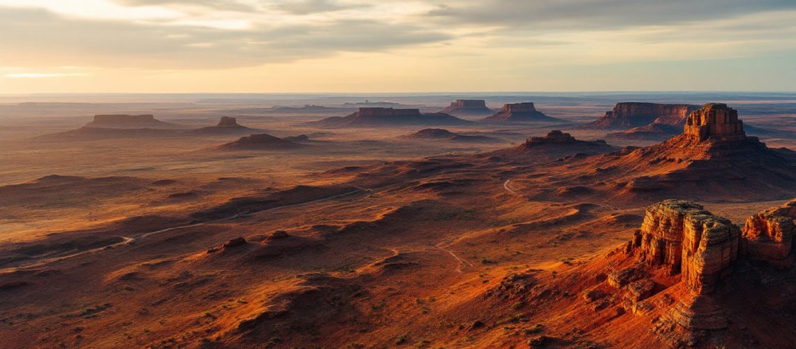 John's Group Limited-JHN-Sunset over a vast desert landscape with mesas and rocky formations under a cloudy sky.