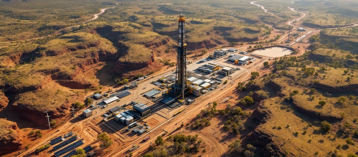 John's Group Limited-JHN-Aerial view of an oil drilling site in a vast, rugged landscape with sparse vegetation.