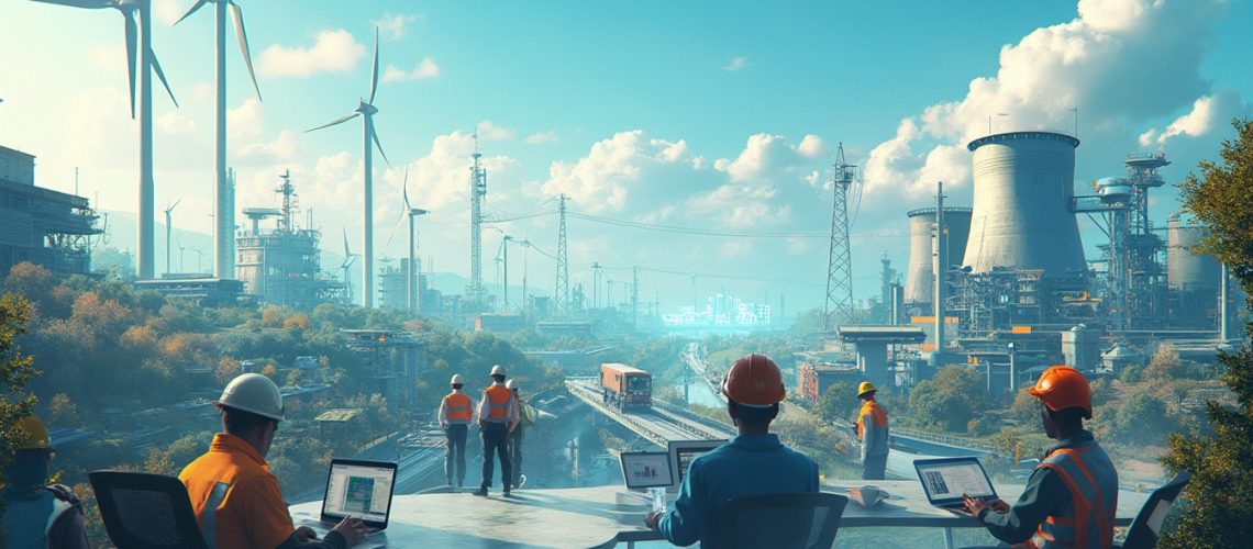 Construction site with workers, laptops, wind turbines, and industrial buildings under a blue sky.