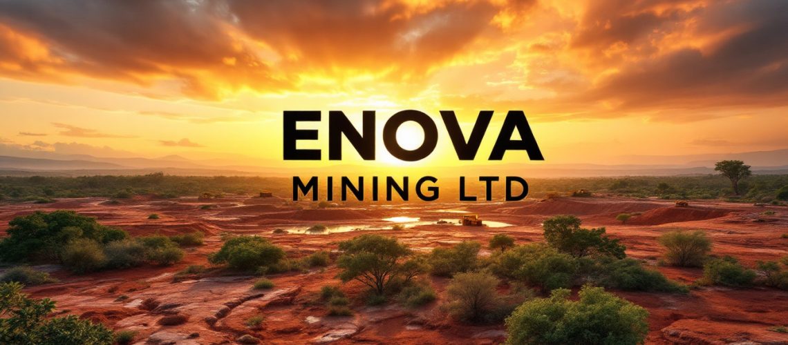 Enova Mining Ltd-ENV-Sunset over a red-earth landscape with "ENOVA MINING LTD" text in bold black.