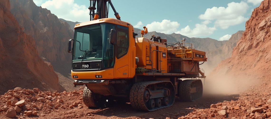 A large orange drilling machine moving through a dusty, rocky canyon landscape under a clear sky.