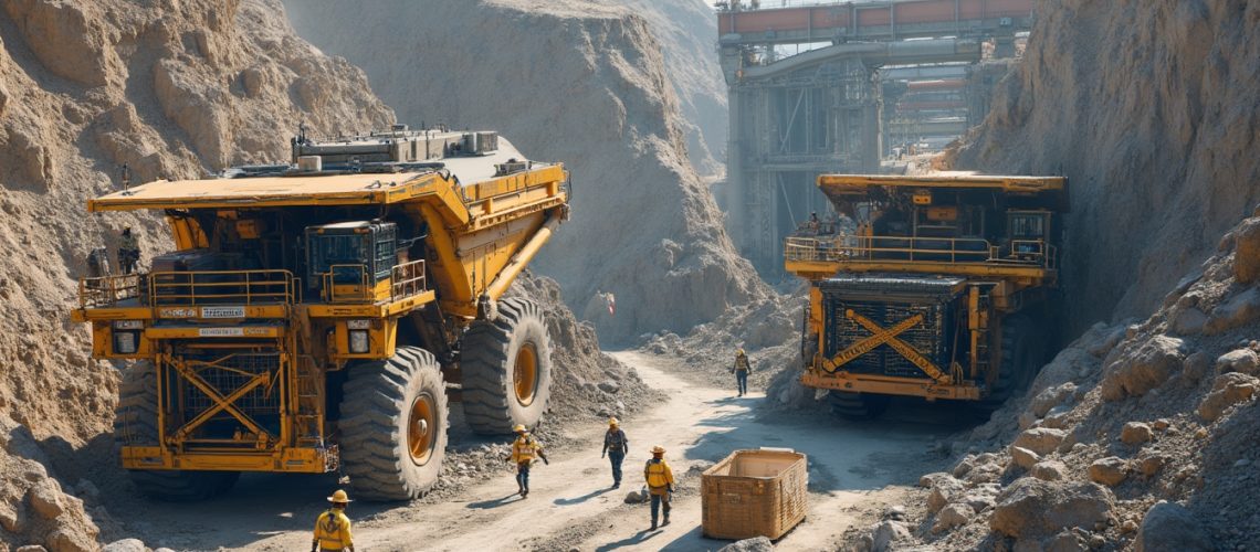 Massive mining trucks and workers in a rocky quarry landscape.