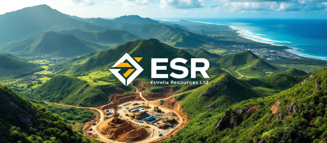 Estrella Resources Ltd-ESR-Mountainous landscape with a drilling site and the Estrella Resources Ltd (ESR) logo in the foreground.