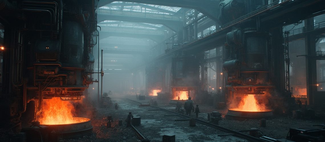 Industrial foundry with large furnaces and flames, workers visible in a dimly lit factory setting.