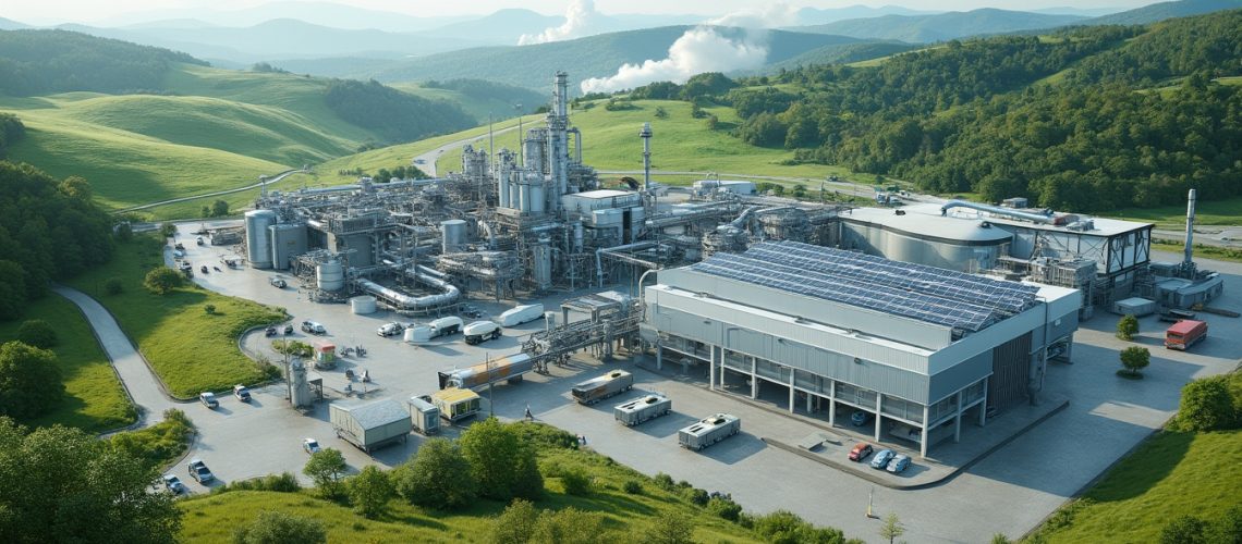 Industrial plant surrounded by lush green hills and distant mountains under a partly cloudy sky.