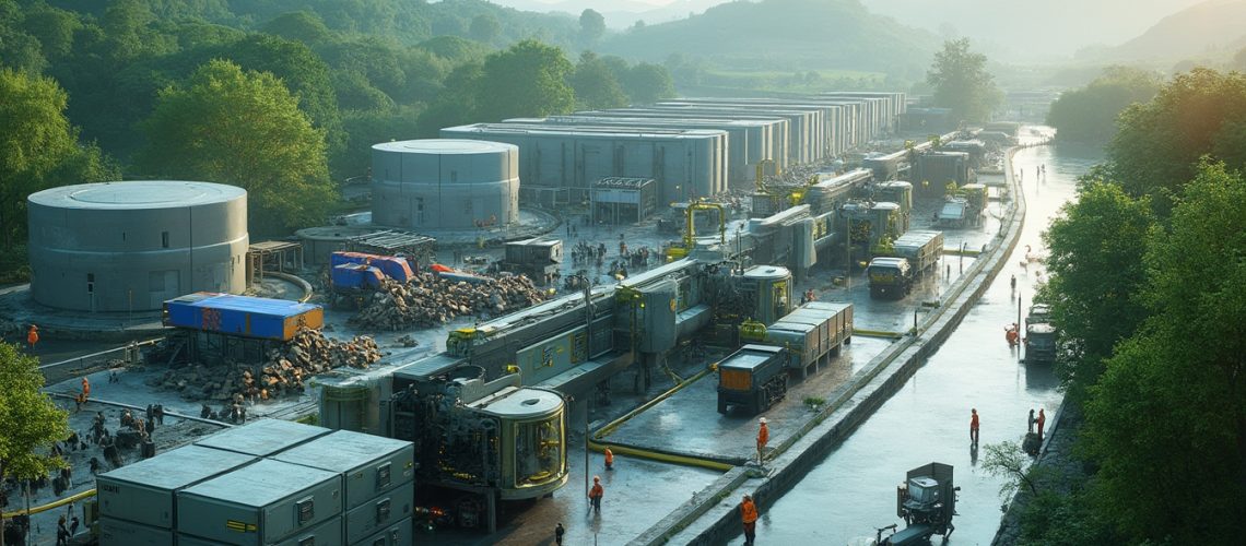 Construction site with machinery and workers in a lush, green valley.