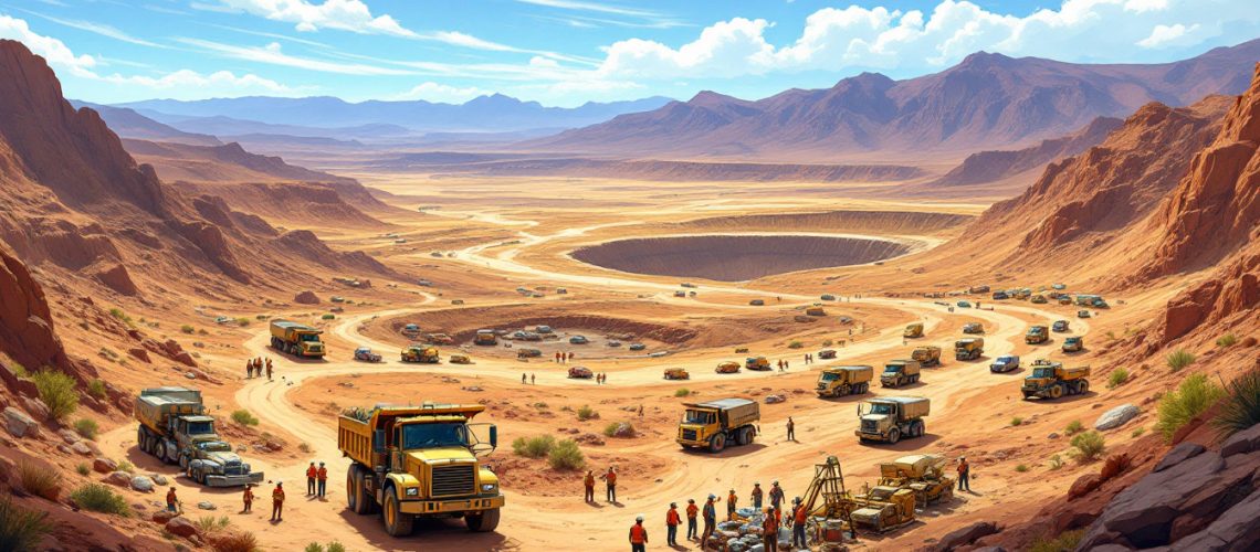 EV Resources Ltd-EVR-Desert excavation site with trucks, people, and rocky mountains in the background under a blue sky.