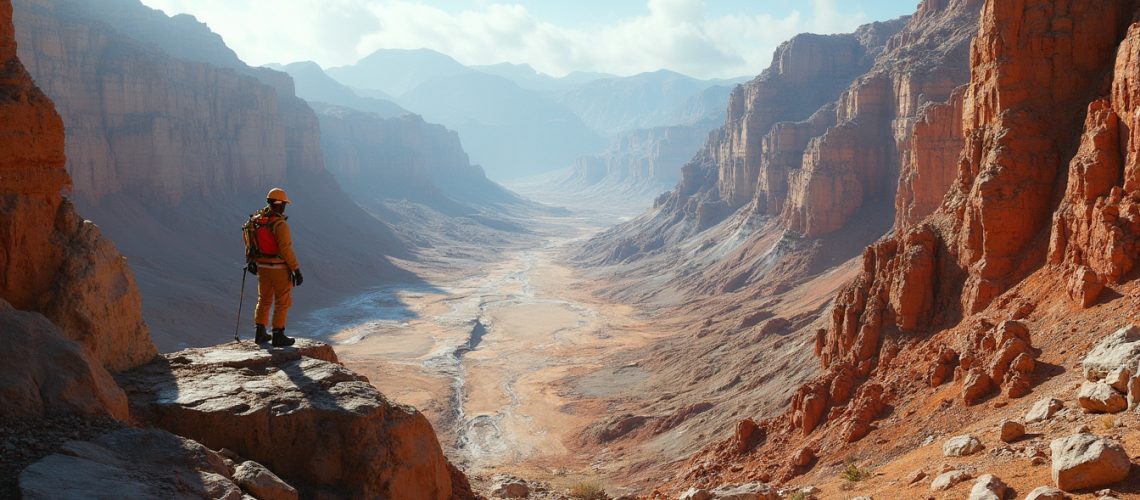 Exploration geologist surveying rugged canyon.