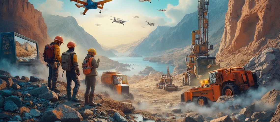 Futuristic mining scene with flying drones, workers in hard hats, machinery, and a mountainous landscape.