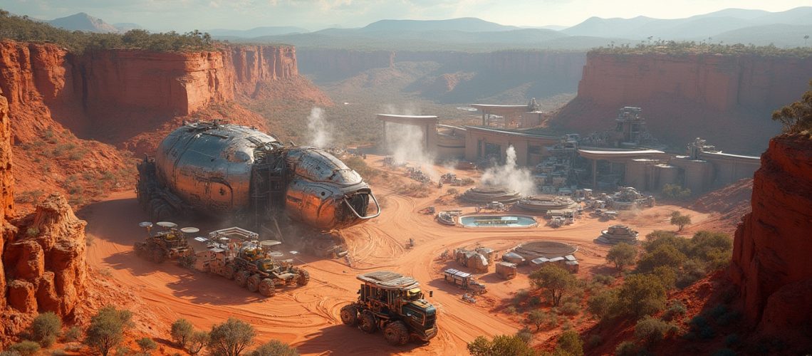 Futuristic base with spaceship and vehicles in a red desert canyon, mountains in the background.