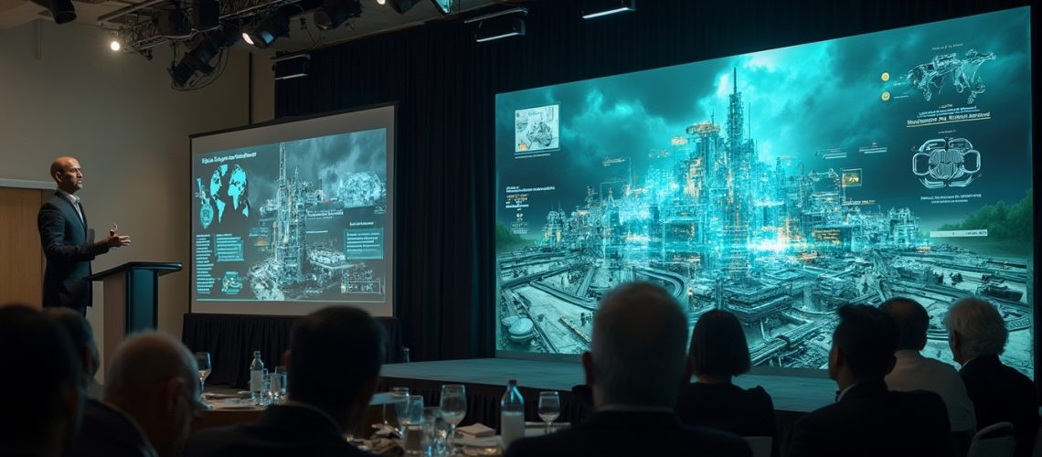 A presenter discusses futuristic city plans in a dark conference room with an audience.