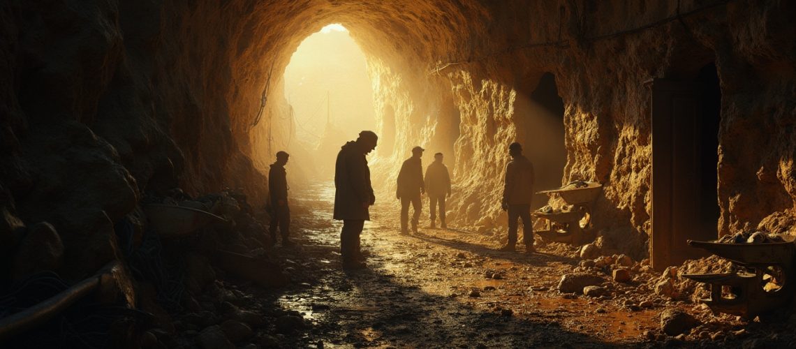 Silhouetted figures in a sunlit cave, with wheelbarrows and rugged terrain around them.