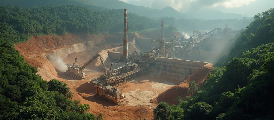 Industrial site nestled in a lush green valley, surrounded by mountains under a cloudy sky.