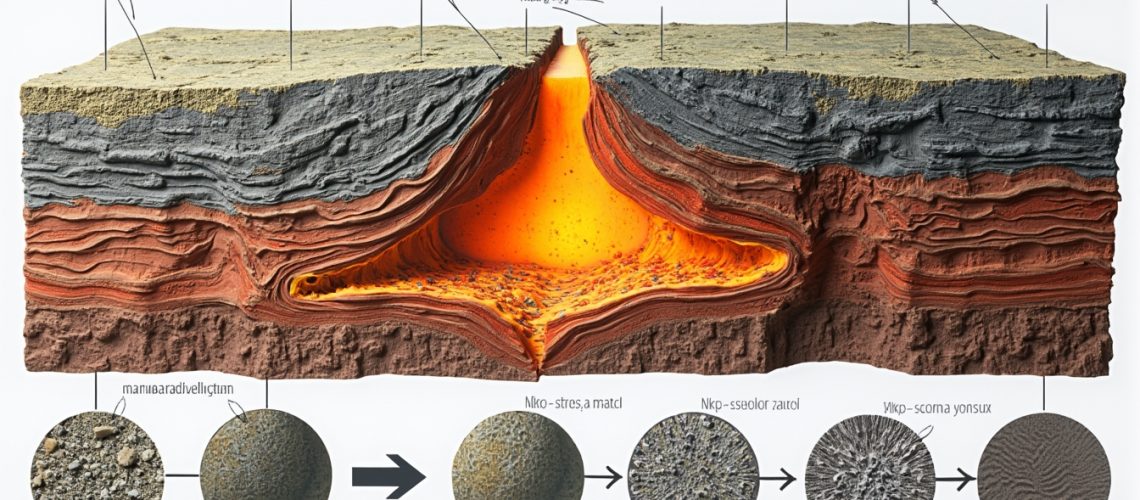 Cross-section of geological layers with captions indicating different textures and compositions.