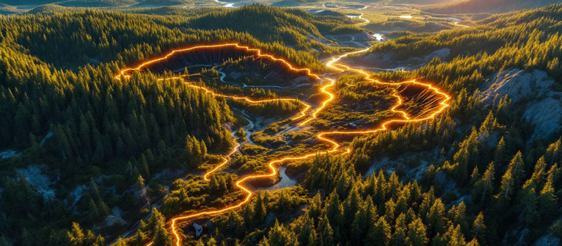 Firetail Resources Ltd-FTL-Aerial view of a forest with a glowing, winding path through dense trees under a setting sun.