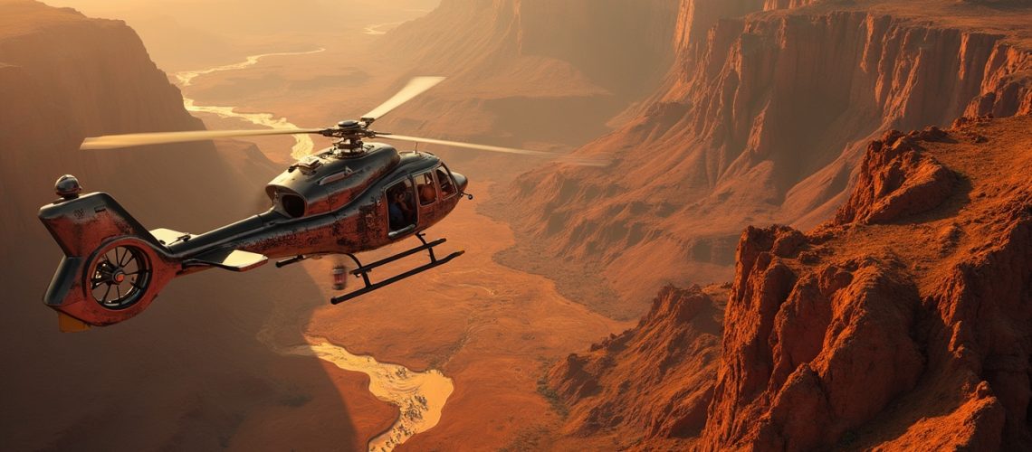 Helicopter flying over a scenic desert canyon at sunset.