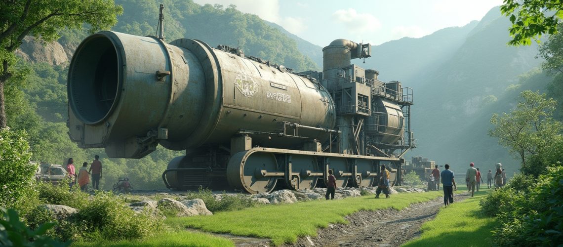 Futuristic train with large cylinder in lush green valley, people walking alongside.