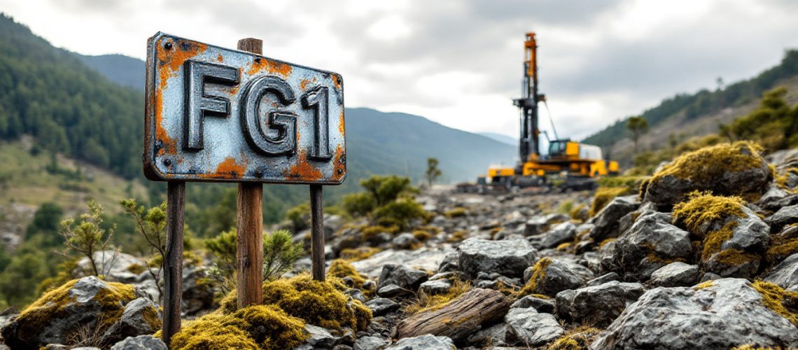 FLYNN Gold Ltd-FG1-Rusty sign "FG1" in rocky landscape with yellow construction machine in background.