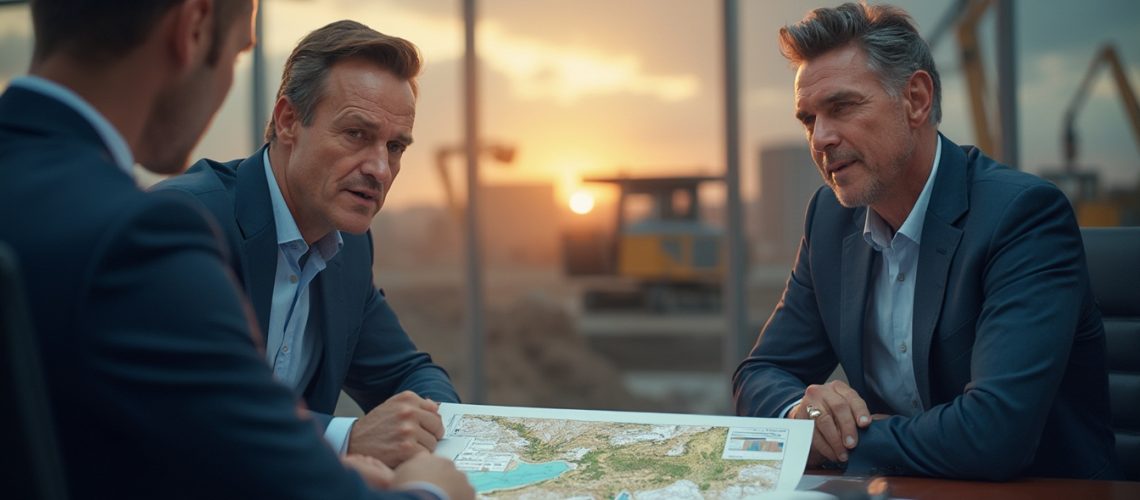 Three men in suits discuss a map at a table, with construction site visible through the window at sunset.