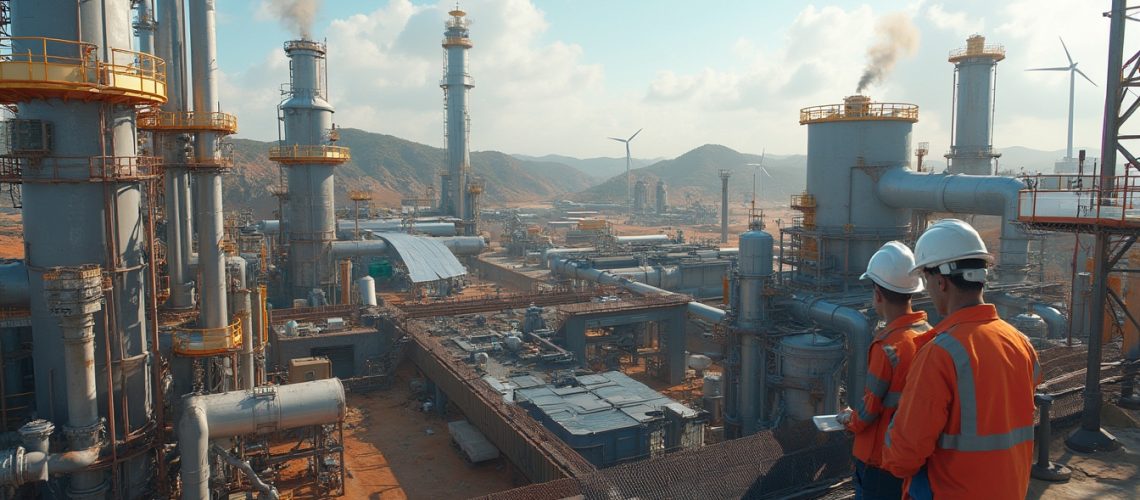 Two workers in hard hats observe an industrial plant with large chimneys and wind turbines in the distance.