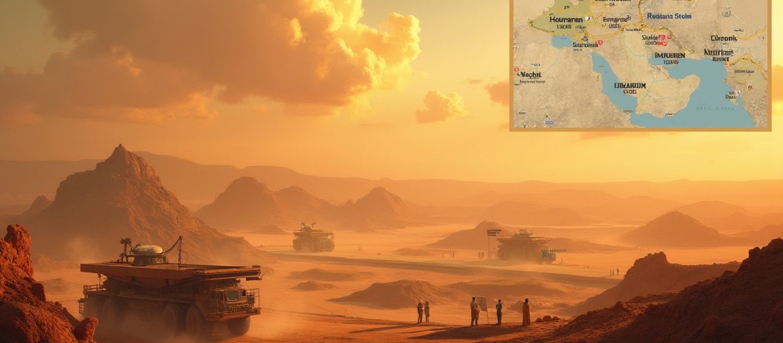 Desert landscape with large mining trucks and people, inset map depicts a fictional world location.