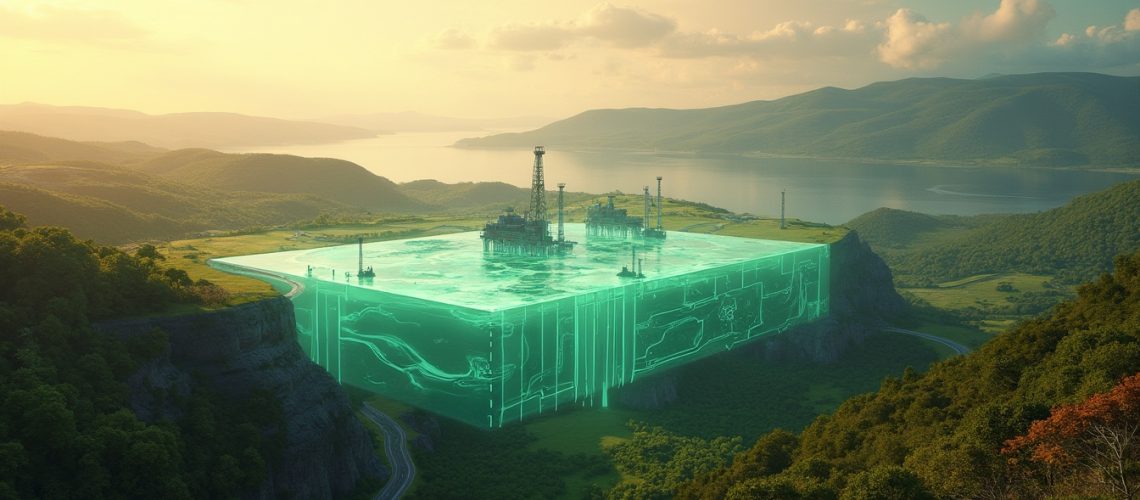 Futuristic landscape depicting fracking technology.