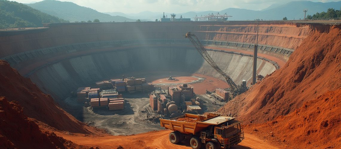 Large open-pit mine with a dump truck and machinery, surrounded by reddish earth and distant hills.