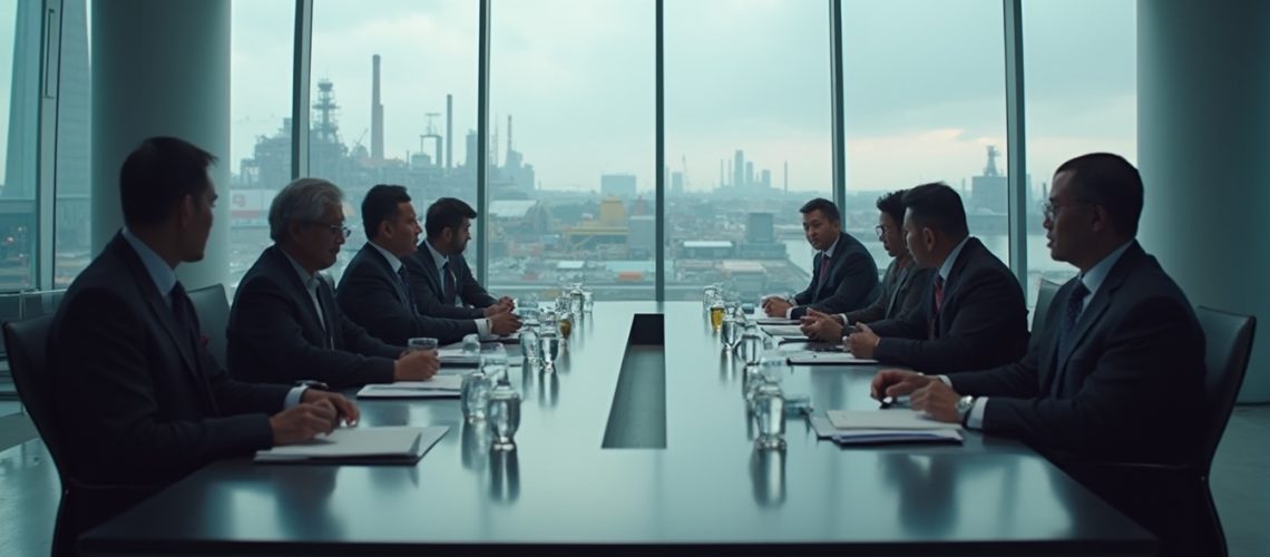 Business meeting in a modern conference room overlooking an industrial cityscape through large windows.