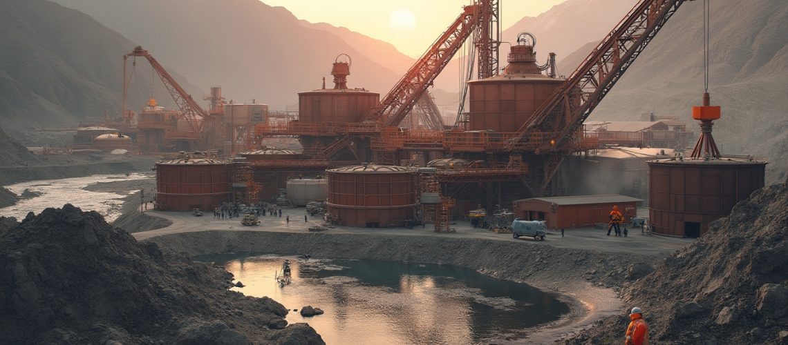 Industrial mining site at sunset, surrounded by mountains and a reflective water body in the foreground.