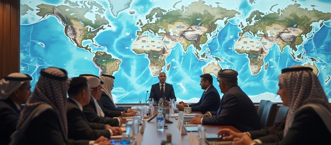 Business meeting in front of a large world map, several people sitting around a conference table.