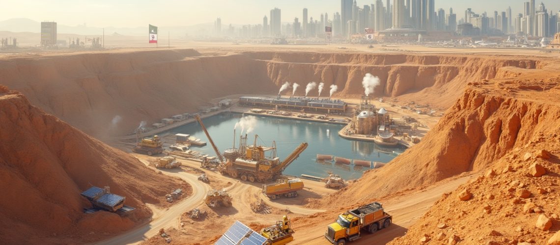 Futuristic desert mining site with vehicles and distant skyscrapers.