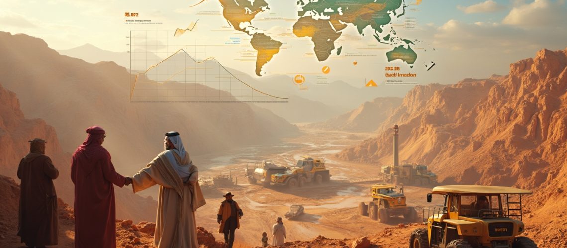 Three people in robes overlook a construction site in a rocky desert, with a map and charts above.