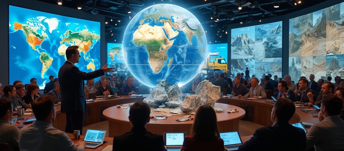 Diverse group in a conference room analyzing a large digital globe projection.