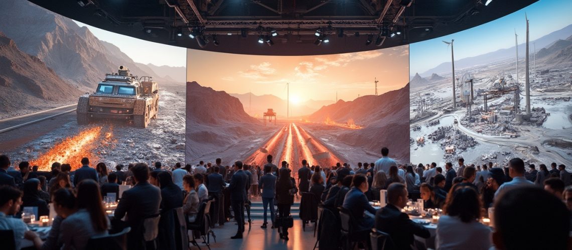 People dining while viewing large futuristic landscape screens.