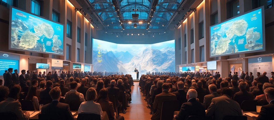 Conference with a large audience, speaker on stage, and screens displaying mountain imagery.