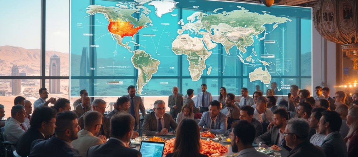 Large meeting with diverse attendees, world map projected, cityscape visible through windows.