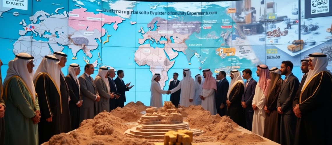 People in a conference room discussing while looking at a world map on a large screen.