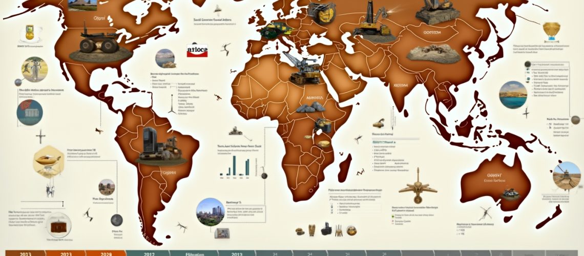 World map with various machinery, artifacts, and graphs displayed on different continents.