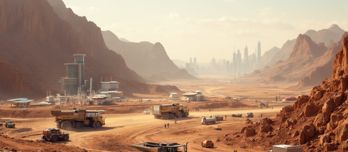 Desert colony with futuristic buildings and vehicles, distant city skyline in the background.